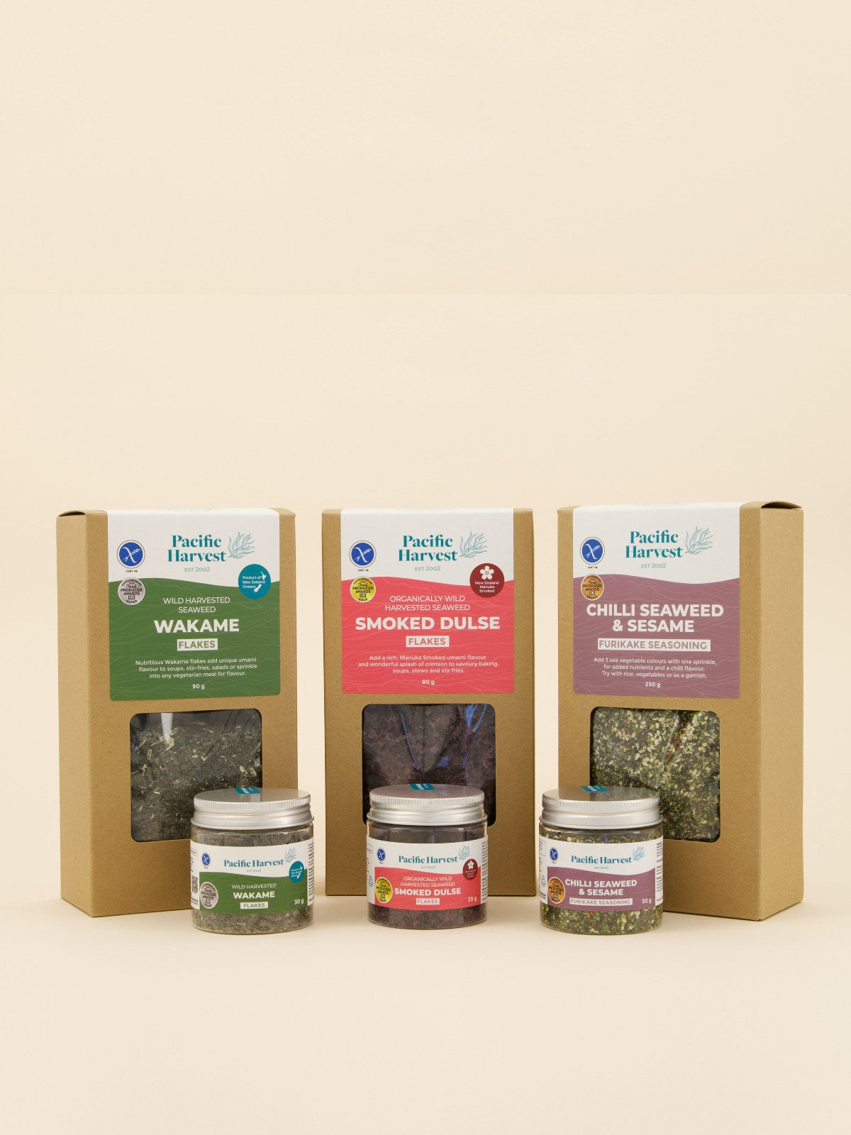 Pacific Harvest outstanding New Zealand Food producer medal winners 2023 Manuka Smoked Dulse flakes, Wakame Flakes and Chilli Furikake Mobile banner image