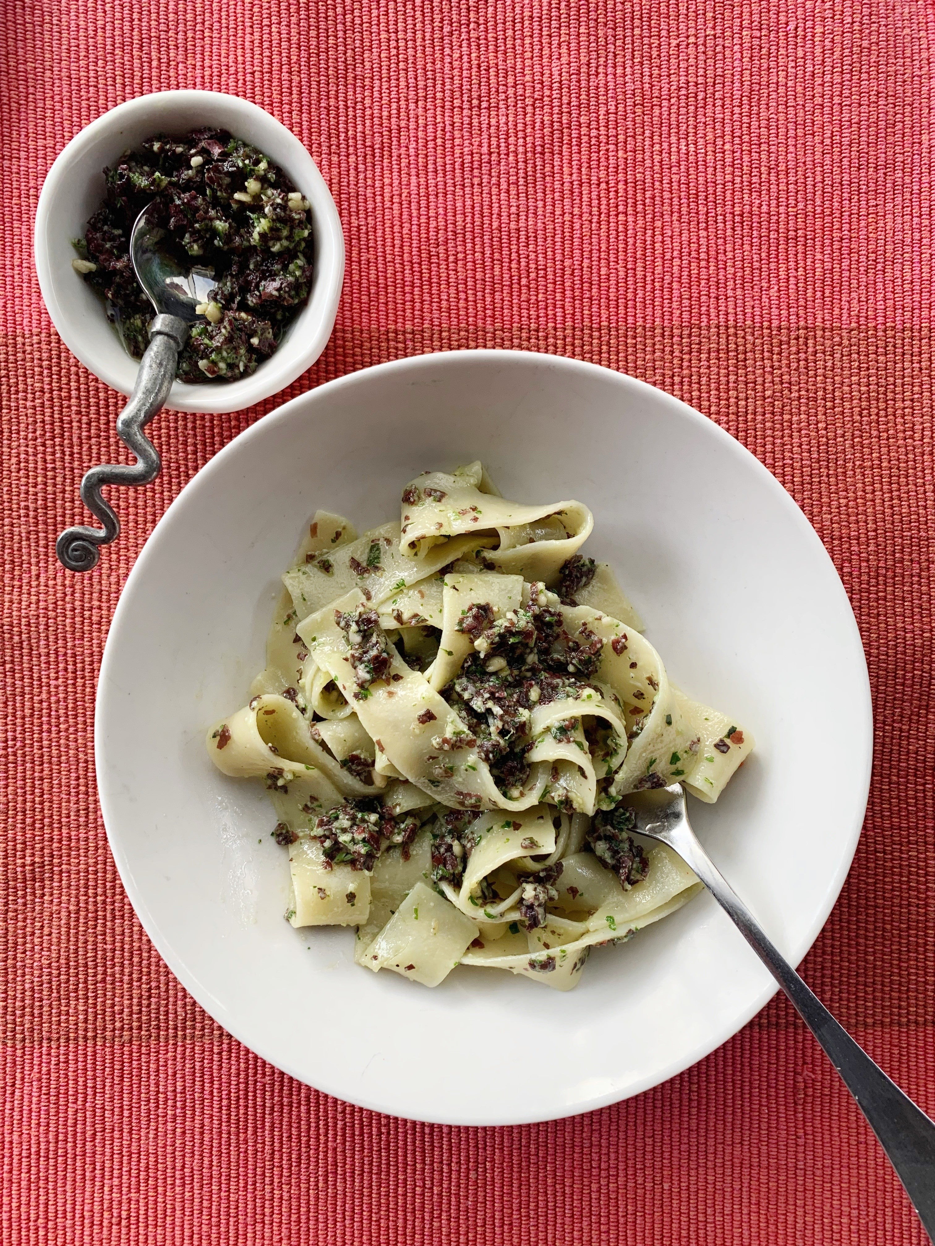 Pacific Harvest Dulse Pesto on Pasta on red table mat