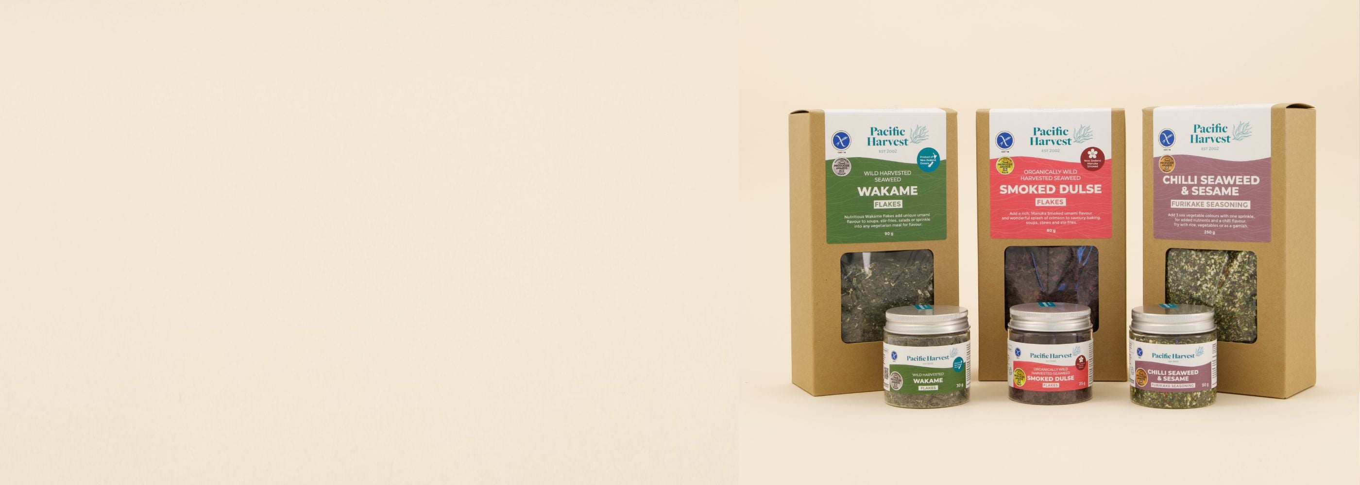 Pacific Harvest outstanding New Zealand Food producer medal winners 2023 Manuka Smoked Dulse flakes, Wakame Flakes and Chilli Furikake desktop banner image